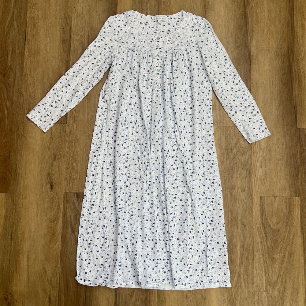 Vtg Eileen West Blue Floral Cotton Nightgown Long Sleeve Lace Trim Prairie Small